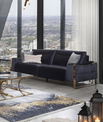 Classic Sofa 3 Seat Design Living room Upholstery Wood Upholstery Modern Luxury Blue