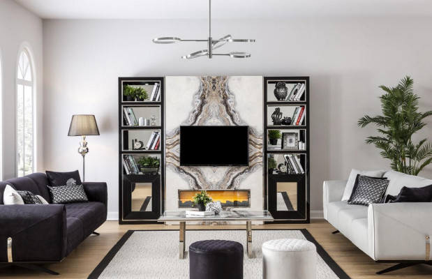 Luxury Wall unit Living room tv Wardrobe Walls Marble Imitation Black 270cm