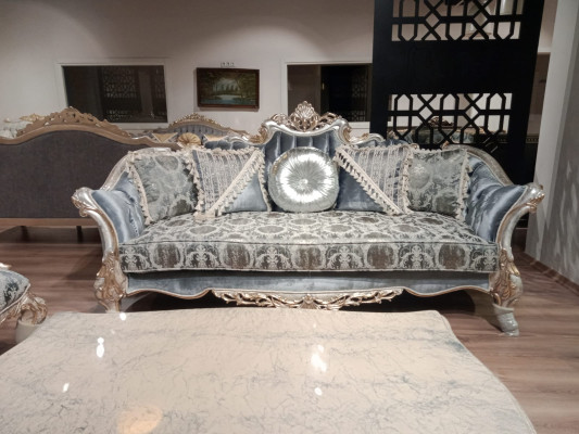 Three Seater Sofa 3 Blue Carved Legs Silver Tone Chesterfield Couches