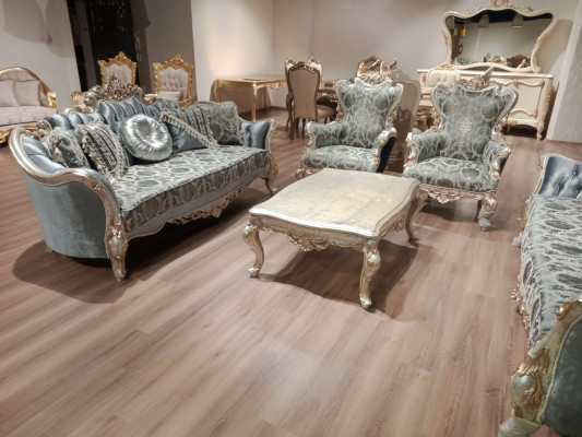 Three Seater Sofa 3 Blue Carved Legs Silver Tone Chesterfield Couches