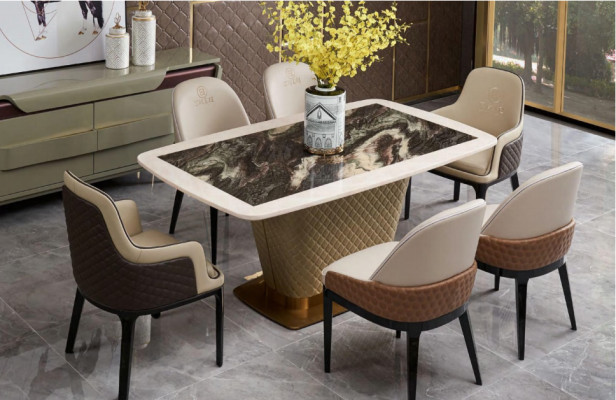 Table Dining room Suite Dining table Chair Set 7 pieces. Leather stainless steel back chairs