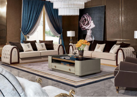Sofa Chesterfield Beige Sofas Textile Fabric Couches Luxury Furniture 4 Seater 295cm