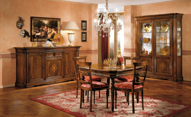 Dining room Set Dining table 4x Chair Chest of drawers Display case Suite Table Group 7tlg Furniture