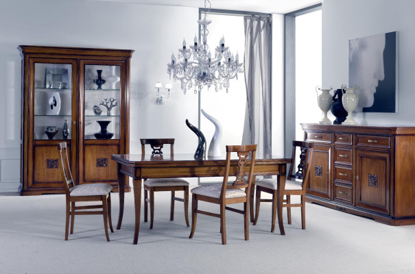 Dining room set 7 pieces. Dining table Chairs Chest of drawers Display case Group Suite Wood Brown
