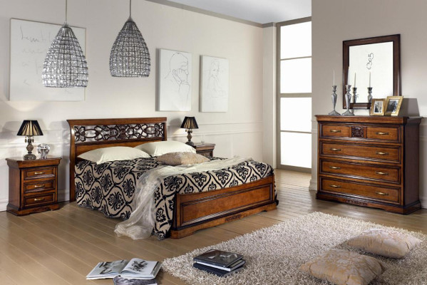 Complete Bedroom Set Wood Brown Bed 2x Bedside table Chest of drawers Mirror new