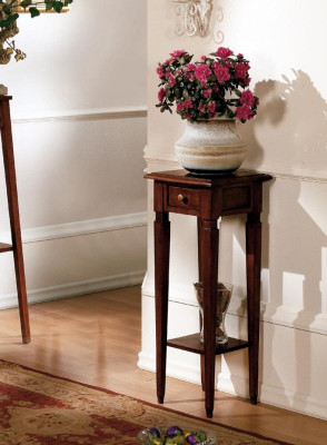 Wood flower stand in brown with drawer and shelf