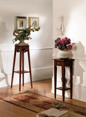 Wood flower stand in brown with drawer and shelf