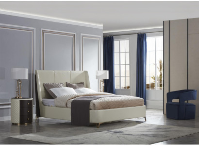 Design Bedroom Set 3 pieces. Leather Bed + 2x Bedside table Modern Luxury Beds
