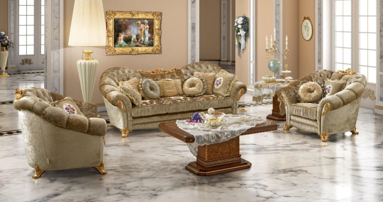 Luxury Furniture Sofa set Couch Sofa Baroque Rococo Upholstery 3+1+1 Seater Wood 3pcs