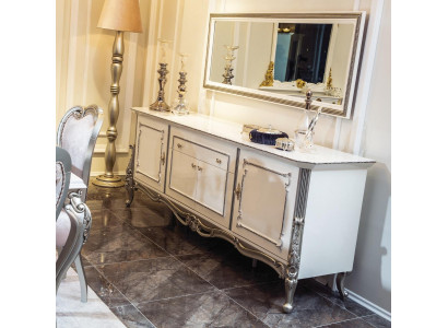 Sideboard White Silver Sideboard Consoles Chest of drawers Italian style 2 pcs. Mirror