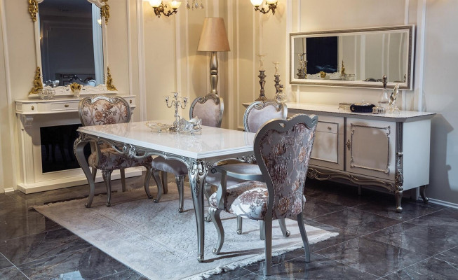 Classic r Dining table Silver Tables Baroque Rococo Table Dining room Furniture White