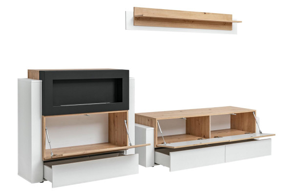 Designer White Wall unit Luxury Chest of drawers with Kamin Furnishings Living room furniture