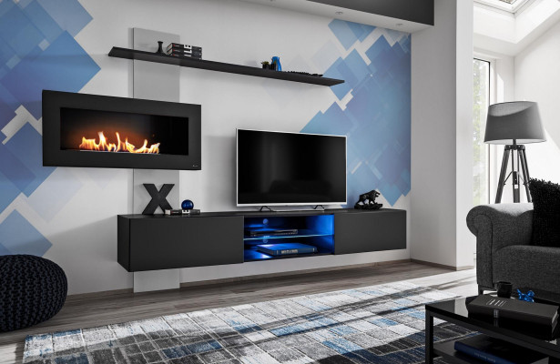 Black Wall unit with fireplace Living room Designer Modern Furniture TV Stand