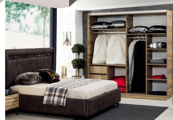 Bedroom Furniture Designer Upholstered bed 2x Bedside tables Wardrobe