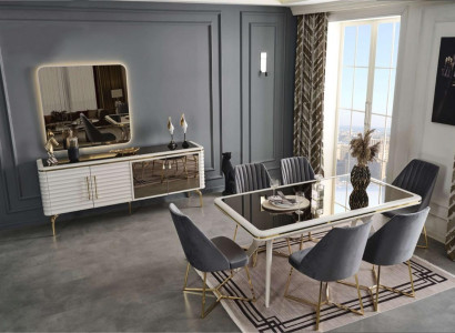 White -Gray Dining room Suite Wooden Table 6x Textile Chairs Sideboard 9pcs