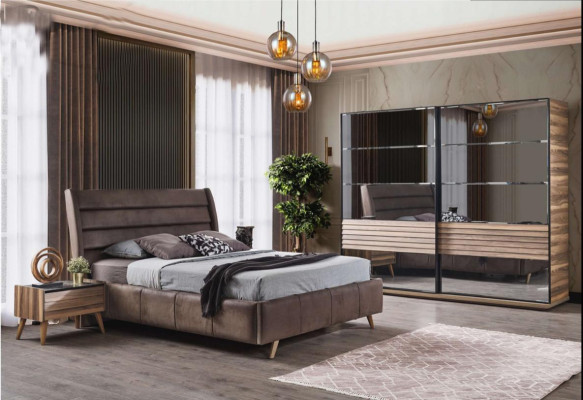 Modern Bedroom Furniture Upholstery Double bed Wood Bedside tables Wardrobe
