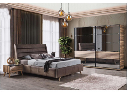 Modern Bedroom Furniture Upholstery Double bed Wood Bedside tables Wardrobe