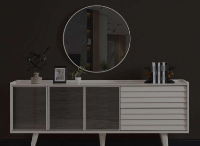 White sideboard luxurious round mirror designer wooden furniture 2-piece set new