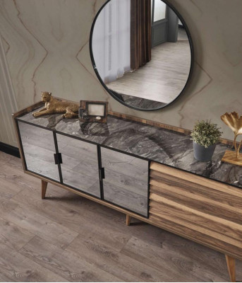 Brown Dining room Set Stylish Sideboard Round Mirror Wooden Furniture 2pcs