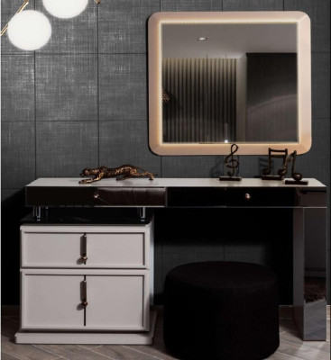 White Dressing table Designer Rectangular Mirror Ottoman 3-piece set