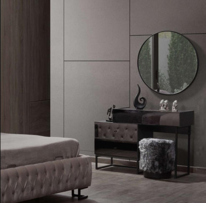 Designer gray dressing table round mirror upholstered stool luxury 3-piece set