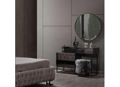 Designer gray dressing table round mirror upholstered stool luxury 3-piece set