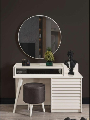 White Dressing Table with Drawers Round Chair Console Luxury Upholstered Stool 3 Pieces