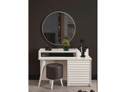 White Dressing Table with Drawers Round Chair Console Luxury Upholstered Stool 3 Pieces