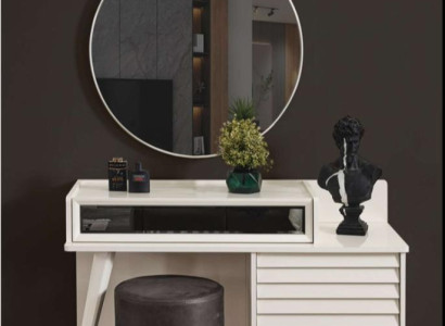 White Dressing Table with Drawers Round Chair Console Luxury Upholstered Stool 3 Pieces