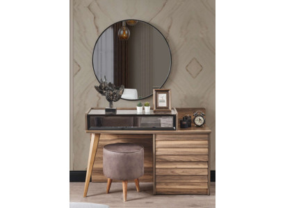 Brown Wood Dressing table with round mirror Designer Bedroom 2-piece Set Console
