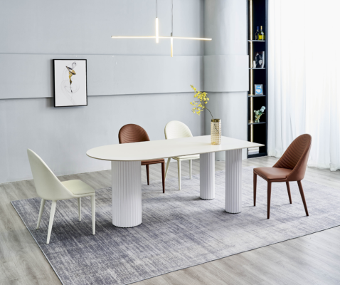 Dining room Furniture Half Round Dining table 4x White Brown Chairs Luxury Set