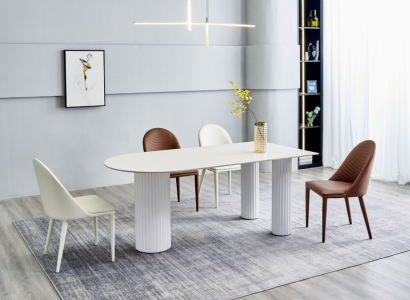 Dining room Furniture Half Round Dining table 4x White Brown Chairs Luxury Set
