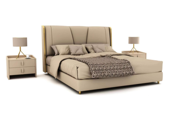 Bedroom Designer Beige Bed Double Beds LED Beds Leather Beds