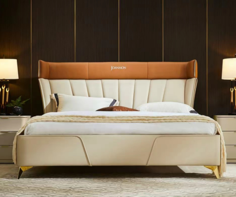 Bedroom Beiges Double bed Leather beds Wooden frame Textile Furniture