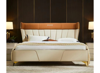 Bedroom Beiges Double bed Leather beds Wooden frame Textile Furniture
