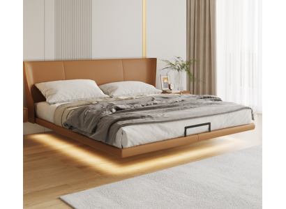 Brown Wall Bed Designer Bedroom Furniture Wooden Frame Faux Leather Bed