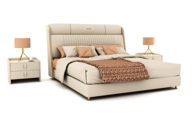 Beige Textile Bed Stylish Bedroom Furniture Designer Double Beds
