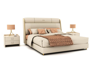 Beige Textile Bed Stylish Bedroom Furniture Designer Double Beds