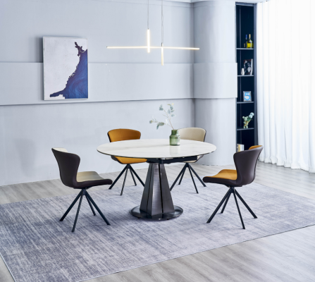 Modern dining set designer round table stylish 4x imitation leather chairs 5 pieces
