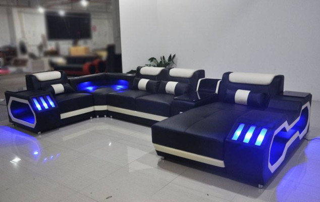 Leather Living landscape Corner sofa Designer Sofa Leather sofa Couch - USB - sound speakers