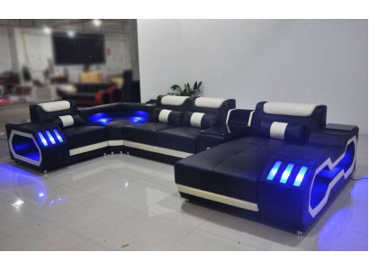 Leather Living landscape Corner sofa Designer Sofa Leather sofa Couch - USB - sound speakers