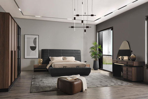 Bedroom Bed 2x Bedside table Design Complete Set Beds brown 5-piece