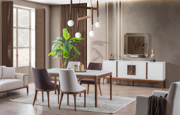 Luxury Dining room Set Dining table 4x Chairs Sideboard Mirror 7 pcs Modern