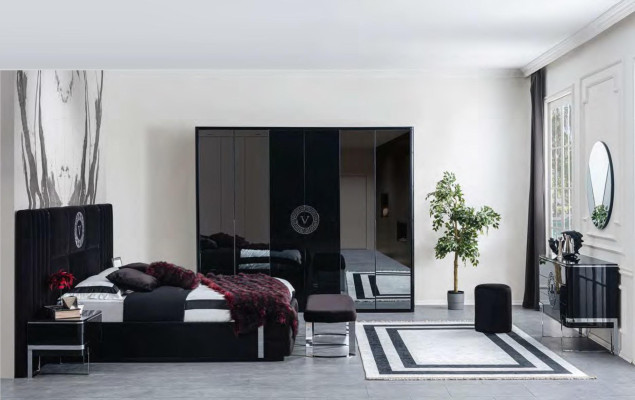Large Black Bedroom Set Bed Bedside tables Wardrobe 7 pieces.