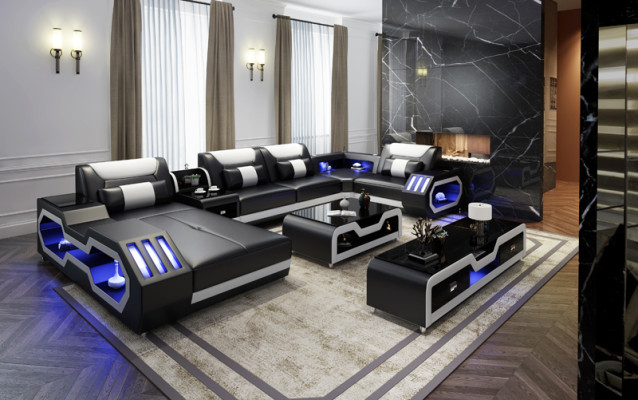 XXL Living landscape Sofa Couch Upholstery Corner suite Couches Sofas + USB + Light