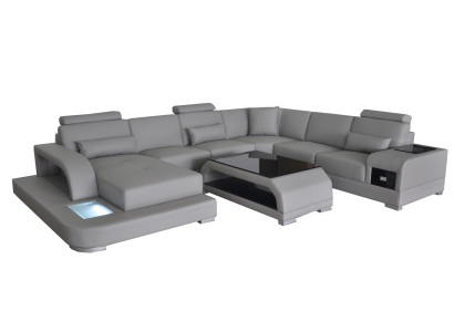 Leather sofa Living landscape Corner sofa Sitting area Sofa Couch + USB + Table