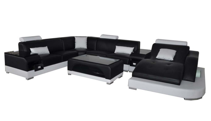 Leather Sofa with USB Modern Seat Couch Upholstery Design Corner Couches + Table + Light