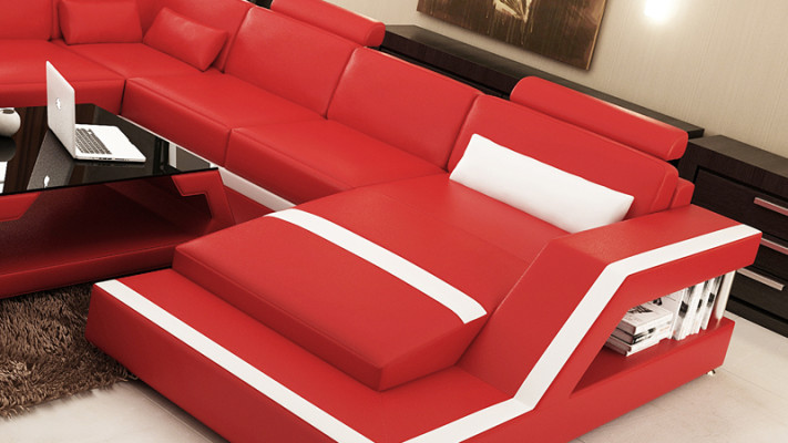 Design Leather Living landscape Corner Sofa Modern Suite Couch Corner Red USB + LED