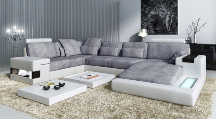 Corner sofa Living landscape U-shape Leather sofa Sofa Upholstery Couch Fabric Leather USB + LED