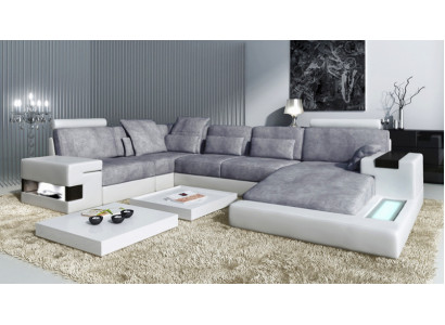 XXL Corner sofa U-shape Leather sofa Upholstery Couch Leather Textile USB Living landscape